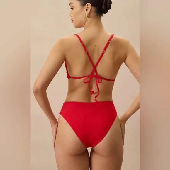 Rihoas The Red Ribbed Cross Back Bikini Top and high waisted bikini bottom Set S - Picture 2 of 8